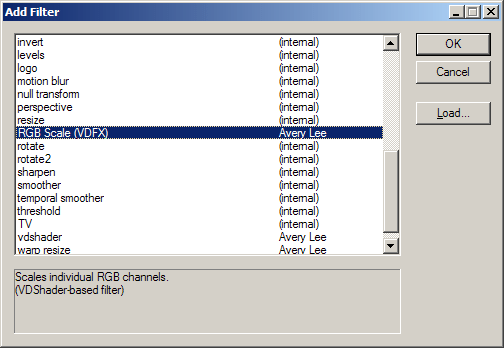 [Video filter dialog with RGB Scale (VDFX)]